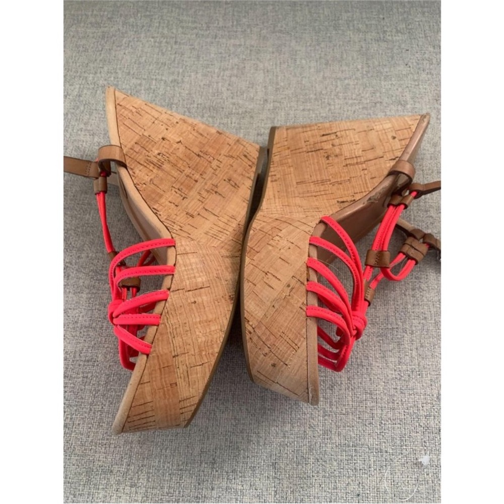 Like New Coach Neon Coral Leather Cork Wedge Sandals Size 9